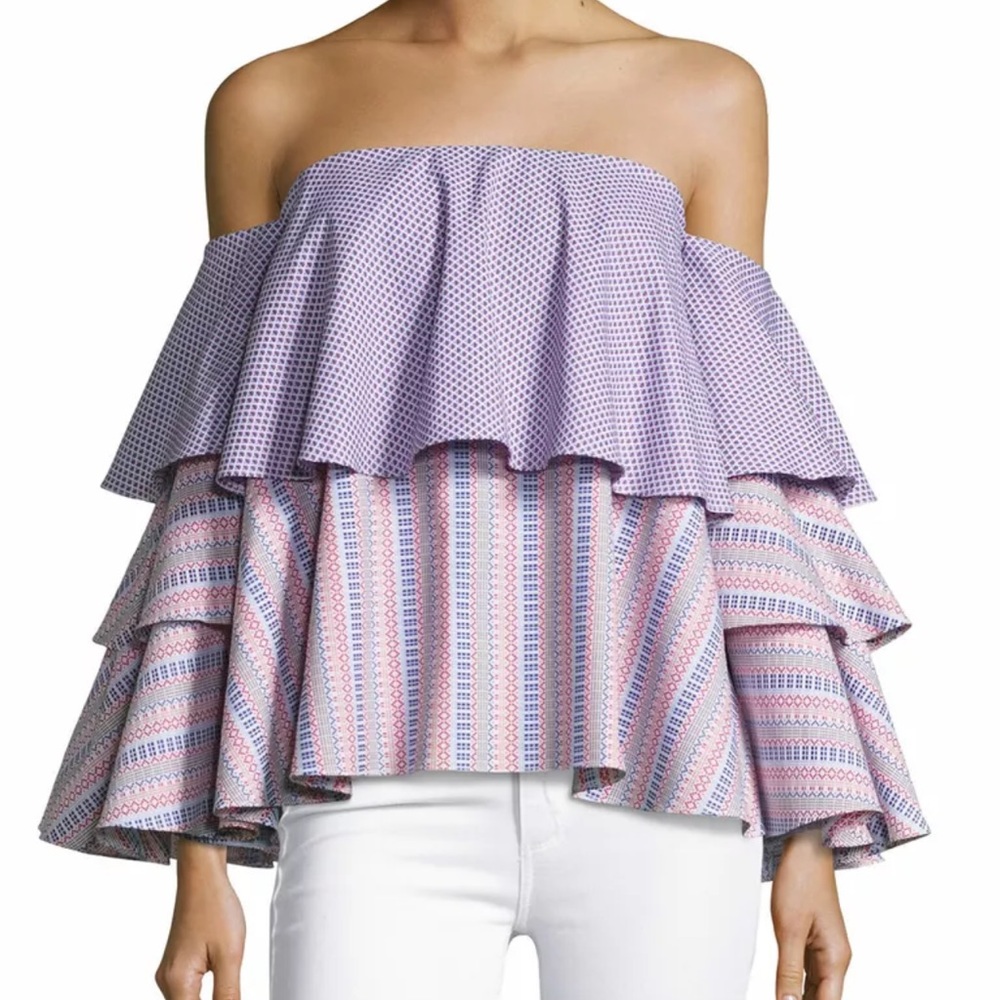 Caroline Constas Carmen off‎ the shoulder Blue white Ruffle Strapless Top S